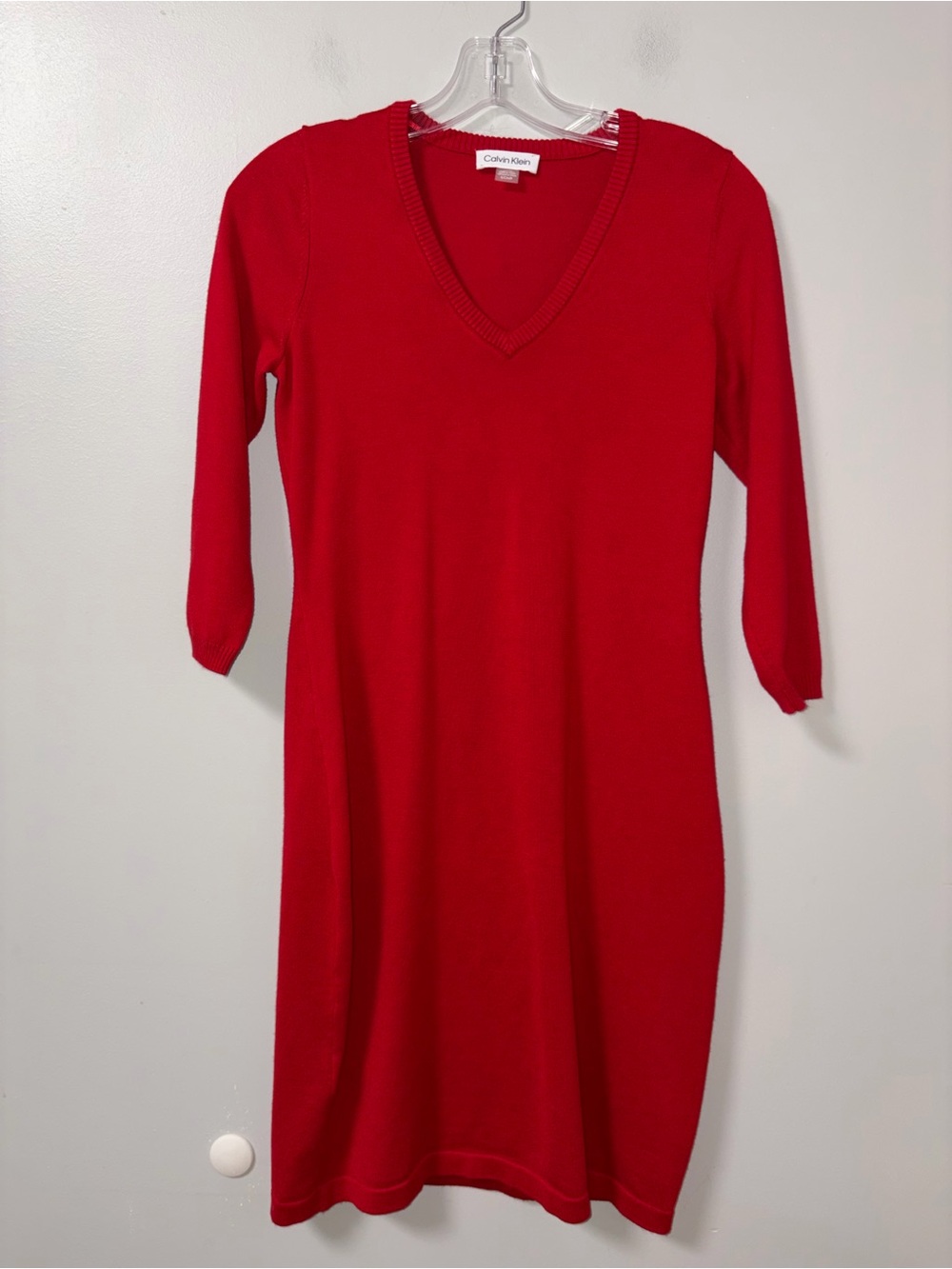 Calvin Klein Red Fitted Knit Sheath Sweater Dress 3/4 Sleeves V Neck Women’s S